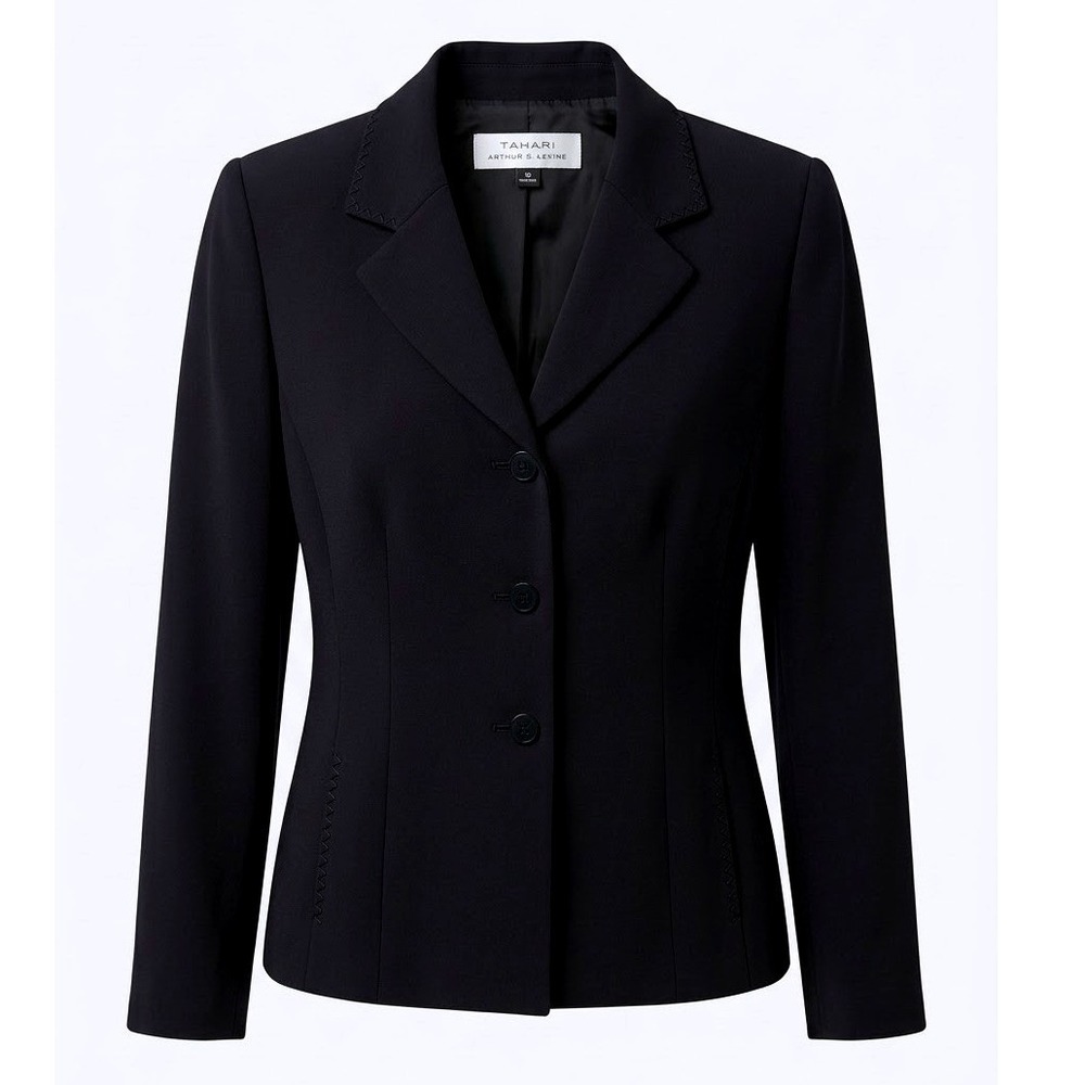 Tahari Arthur S. Levine Navy Blazer Whipstitch Detail 3-Button Jacket Size 10